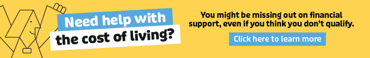 Banner with yellow background with words, 'Need help with the cost of living?' and a link to click for support